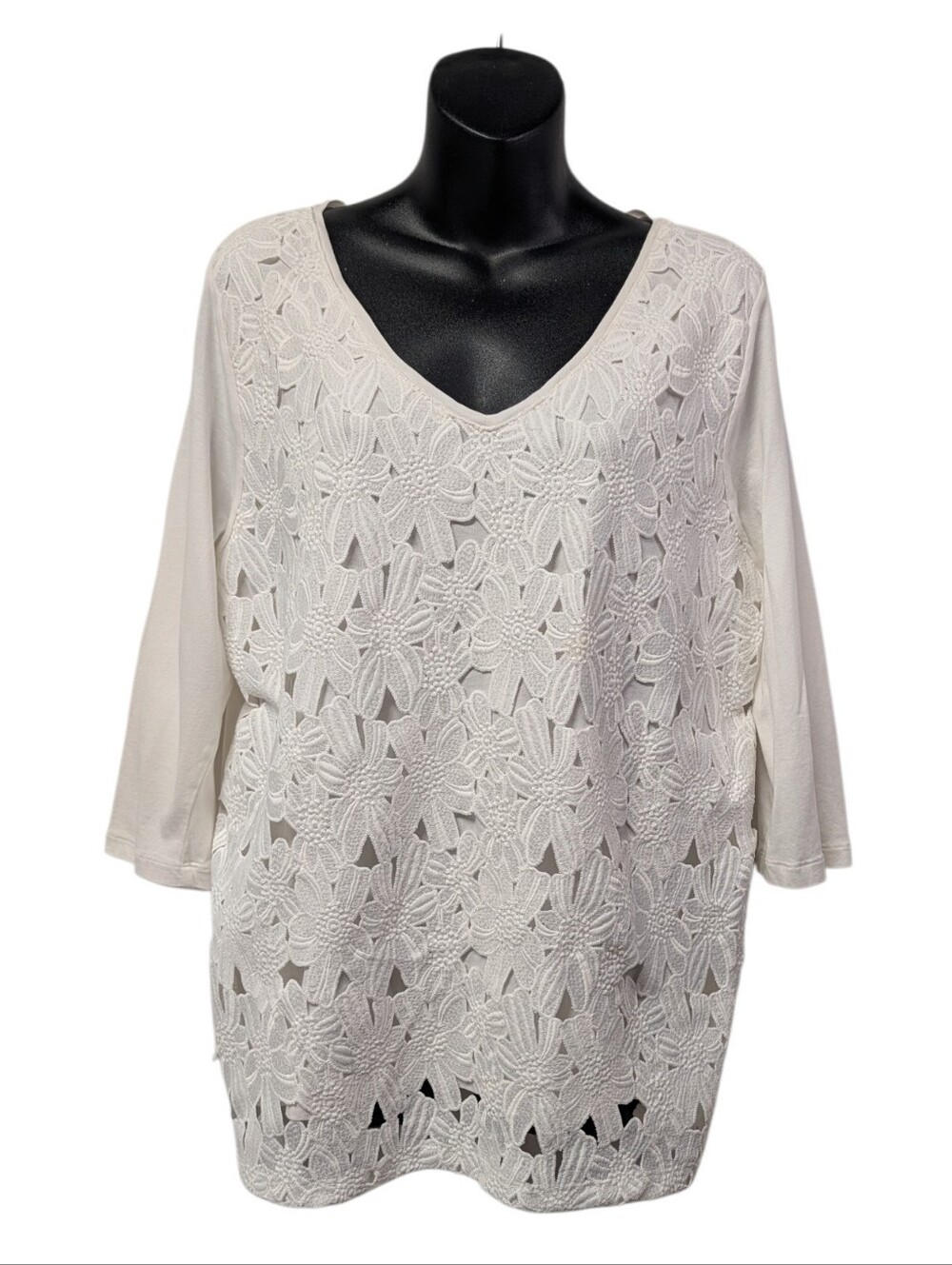 J. Jill Womens White V-Neck Floral Lace 3/4 Sleeve Pullover Blouse Size L